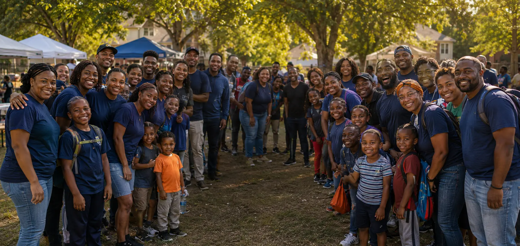 A large group of community volunteers and families gathered outdoors