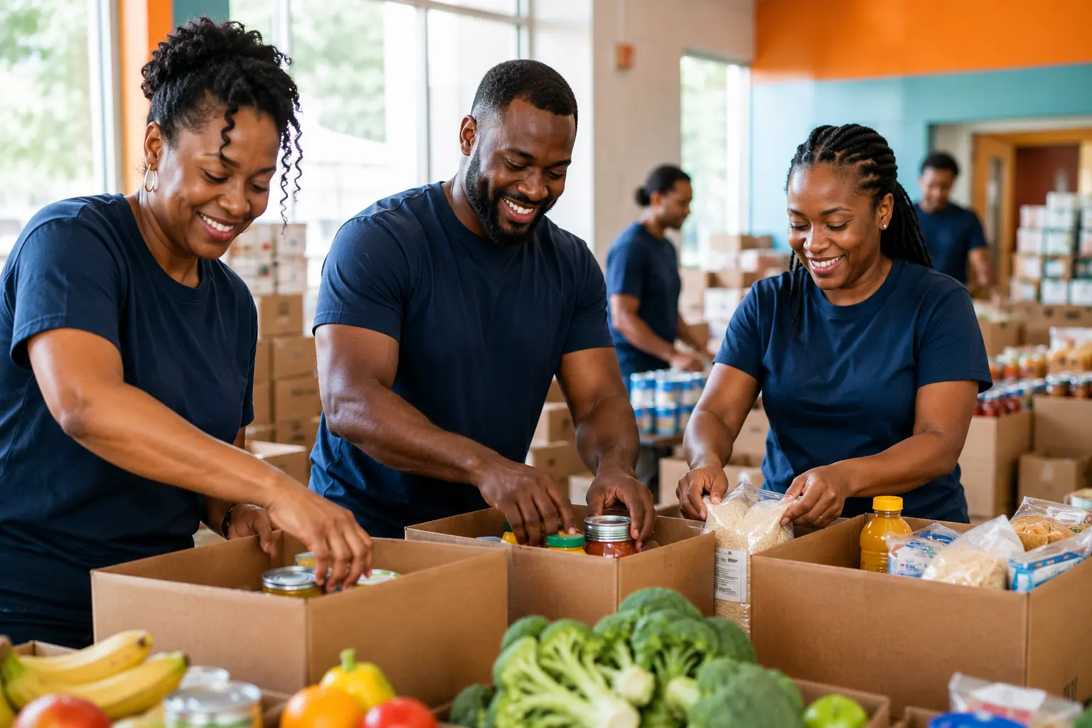 Community volunteers packing food boxes for families
