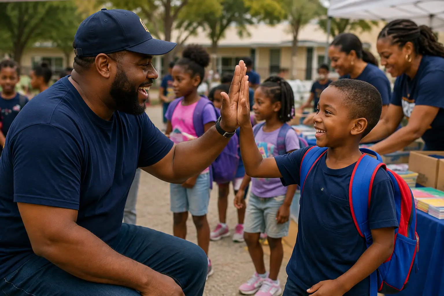 A community volunteer exchanging a high-five with a student