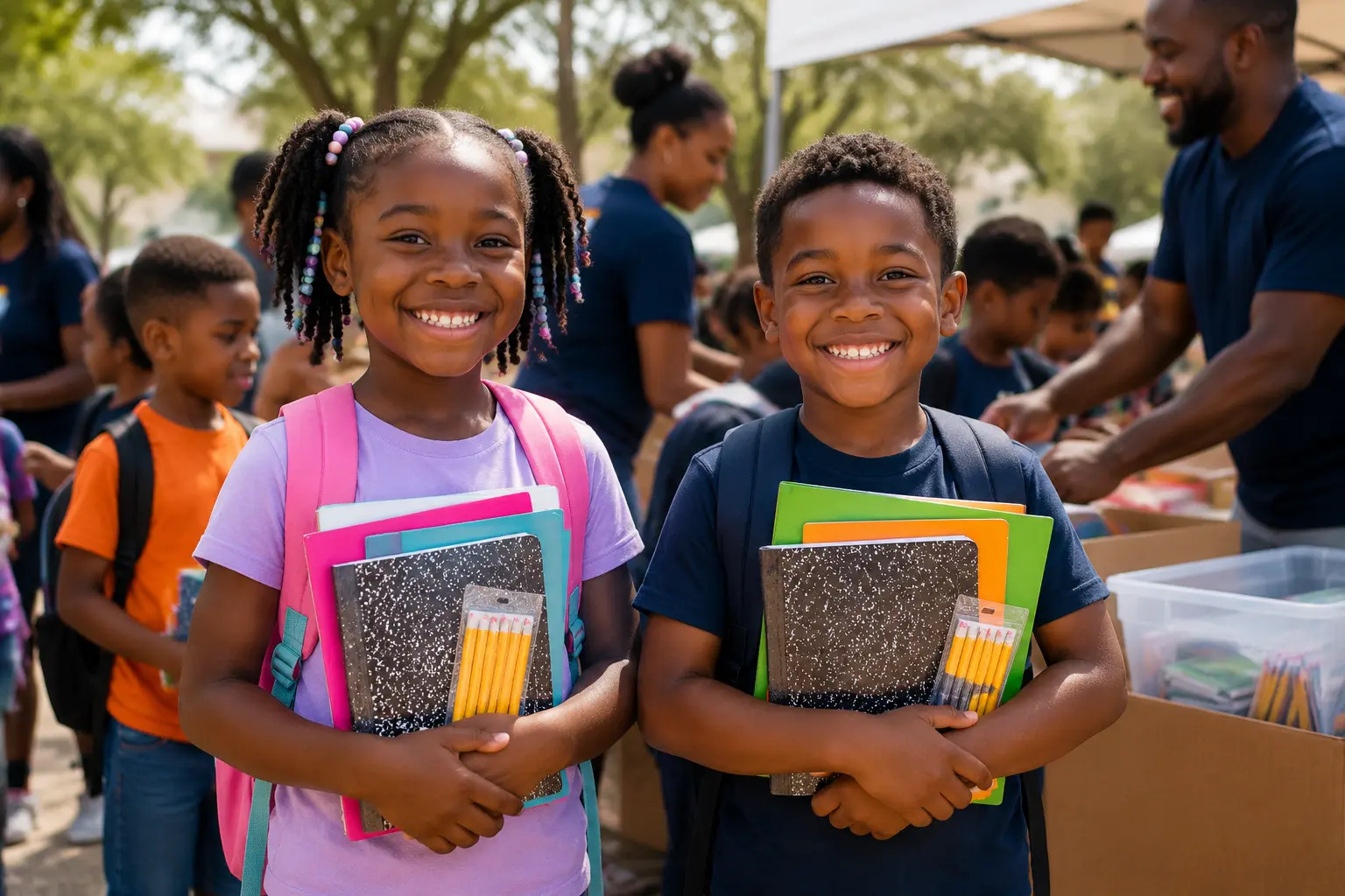 Students smiling with new backpacks, notebooks, folders, and pencils